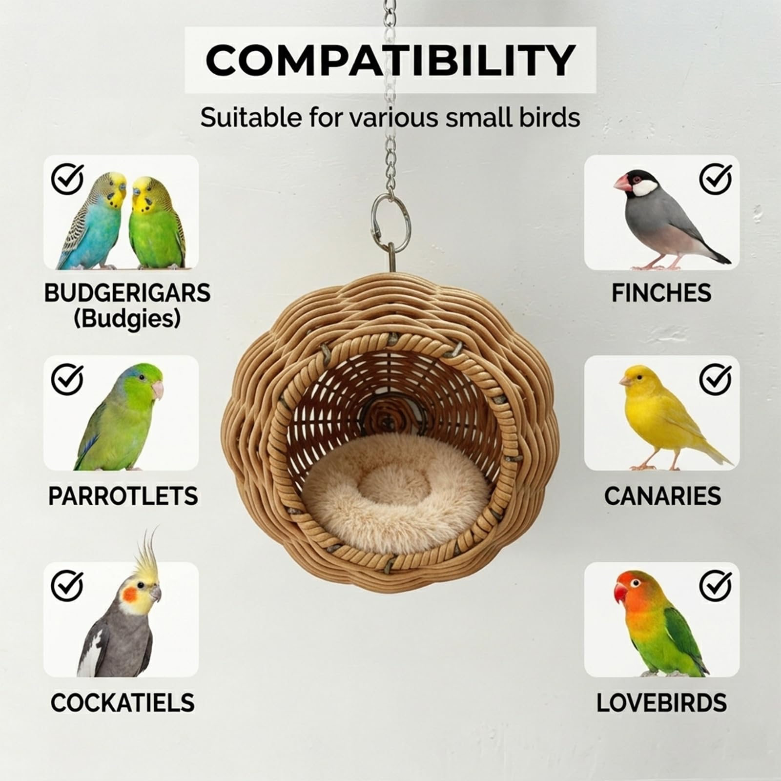 Nid Oiseau pour Cage, Nid en Rotin Imité avec Armature en Acier, Nid d’Élevage Transpirable pour Perruches, Canaris, Pinsons avec Coussin Amovible et Chaîne de Suspension