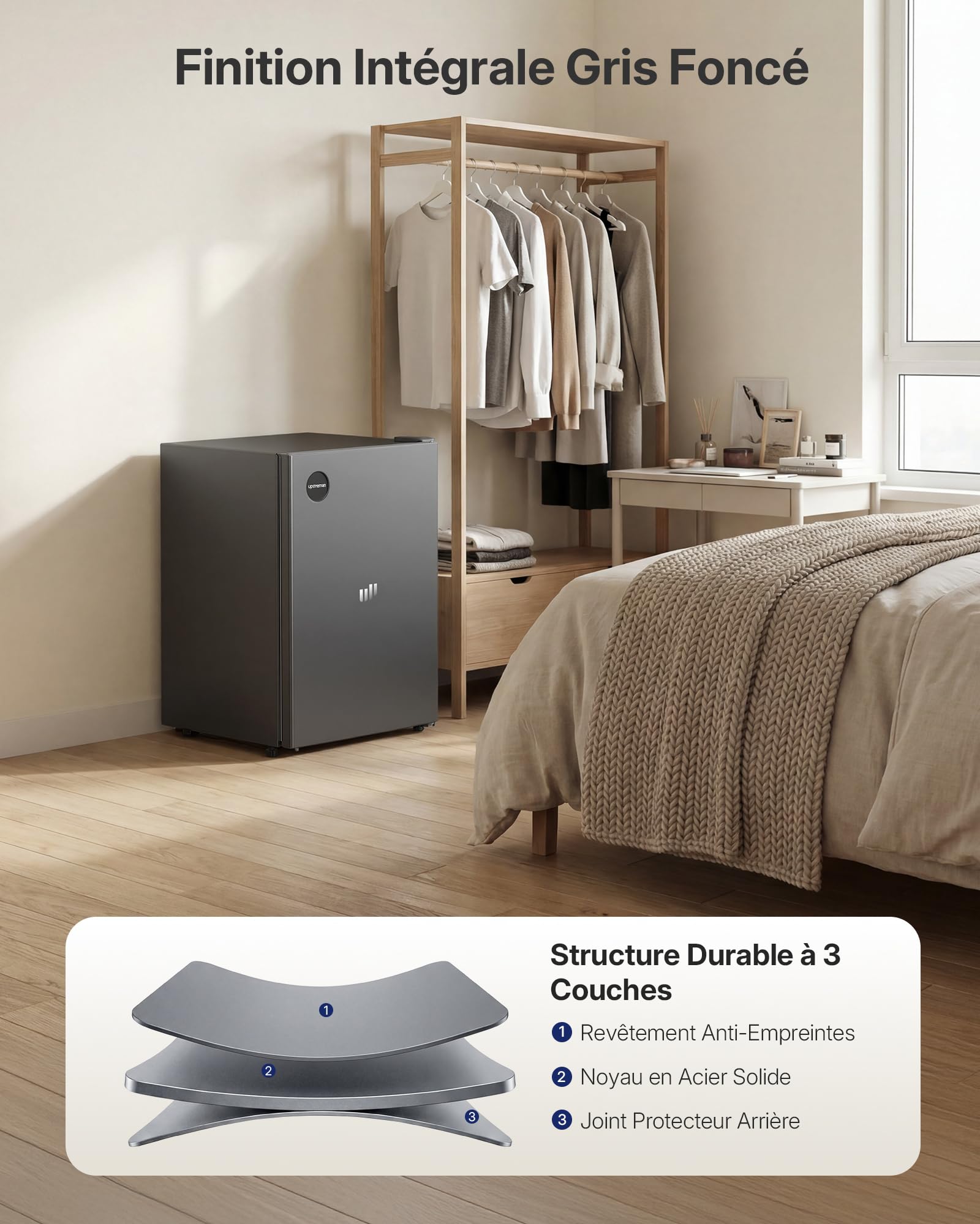 Upstreman CR71-Gris Foncé Réfrigérateur 71L Silencieux 40 dB Éclairage LED Réglage Température 1-10°C