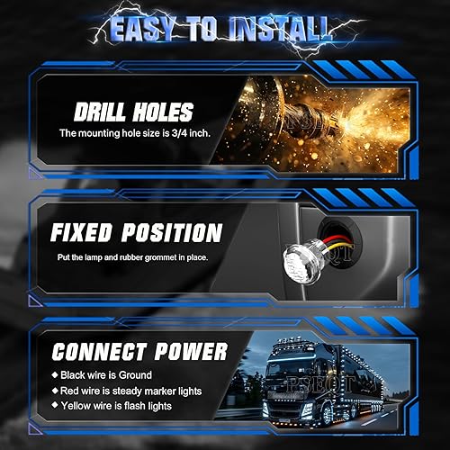 Miniatura 5 de PSEQT 20 Piezas 34" Luces Marcadoras Estroboscópicas Intermitentes + Fijas de Función Dual LED Blancas Luces Laterales de Gálibo Traseras Redondas