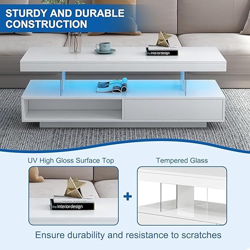 Miniatura 5 de Mesa de centro LED blanca para sala de estar, moderna mesa central inteligente de alto brillo con almacenamiento, mesa auxiliar rectangular de 2