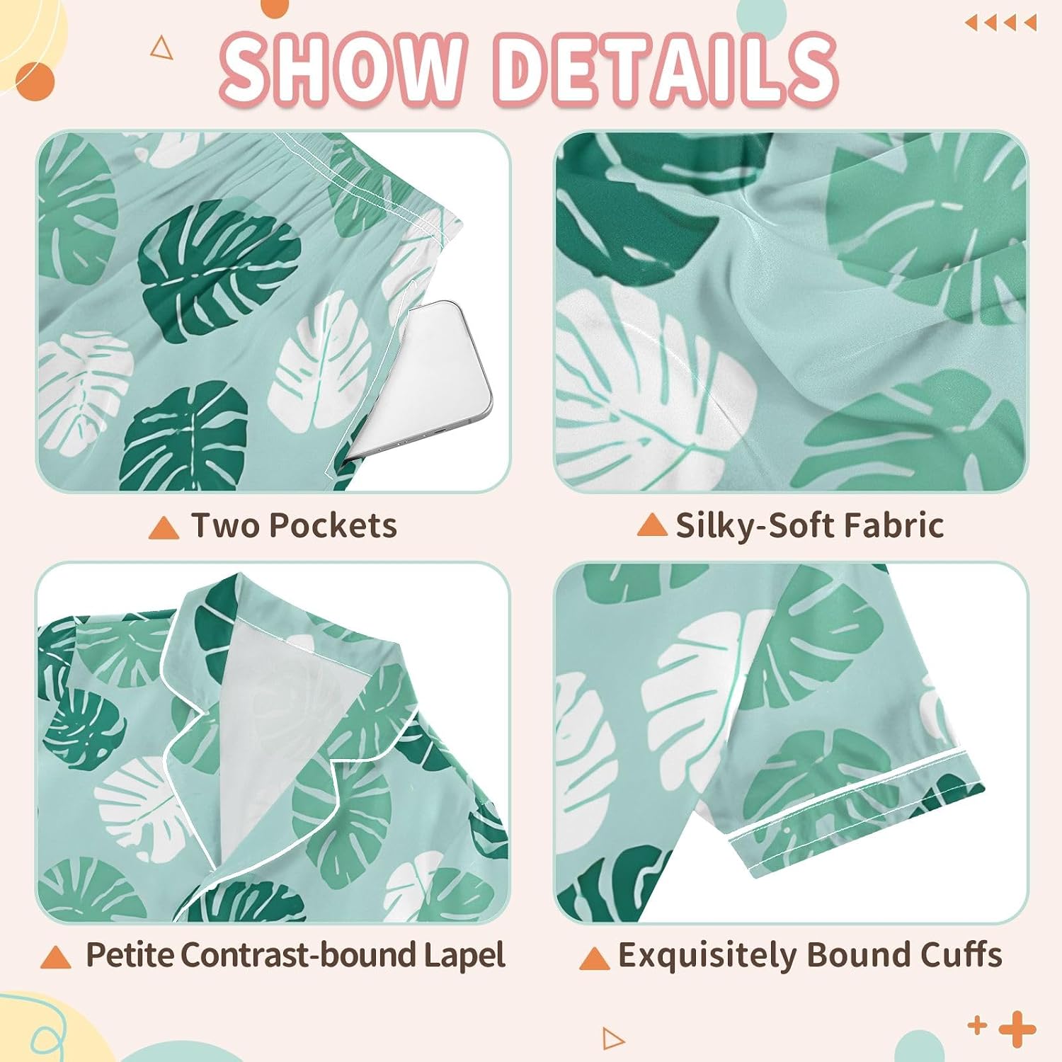 Kids Casual Satin Wear Set Green Palm Leaf Pattern Unisex Short Sleeve Clothing for Relaxing