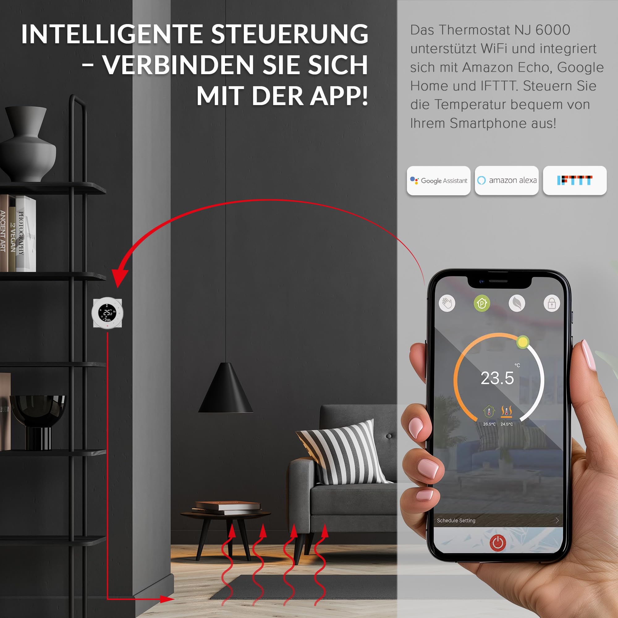 DREAM HEAT Inteligentny termostat, okrągły wyświetlacz dotykowy, sterowanie Wi-Fi, programowalne tryby, kompatybilny z Amazon Echo, Google Home
