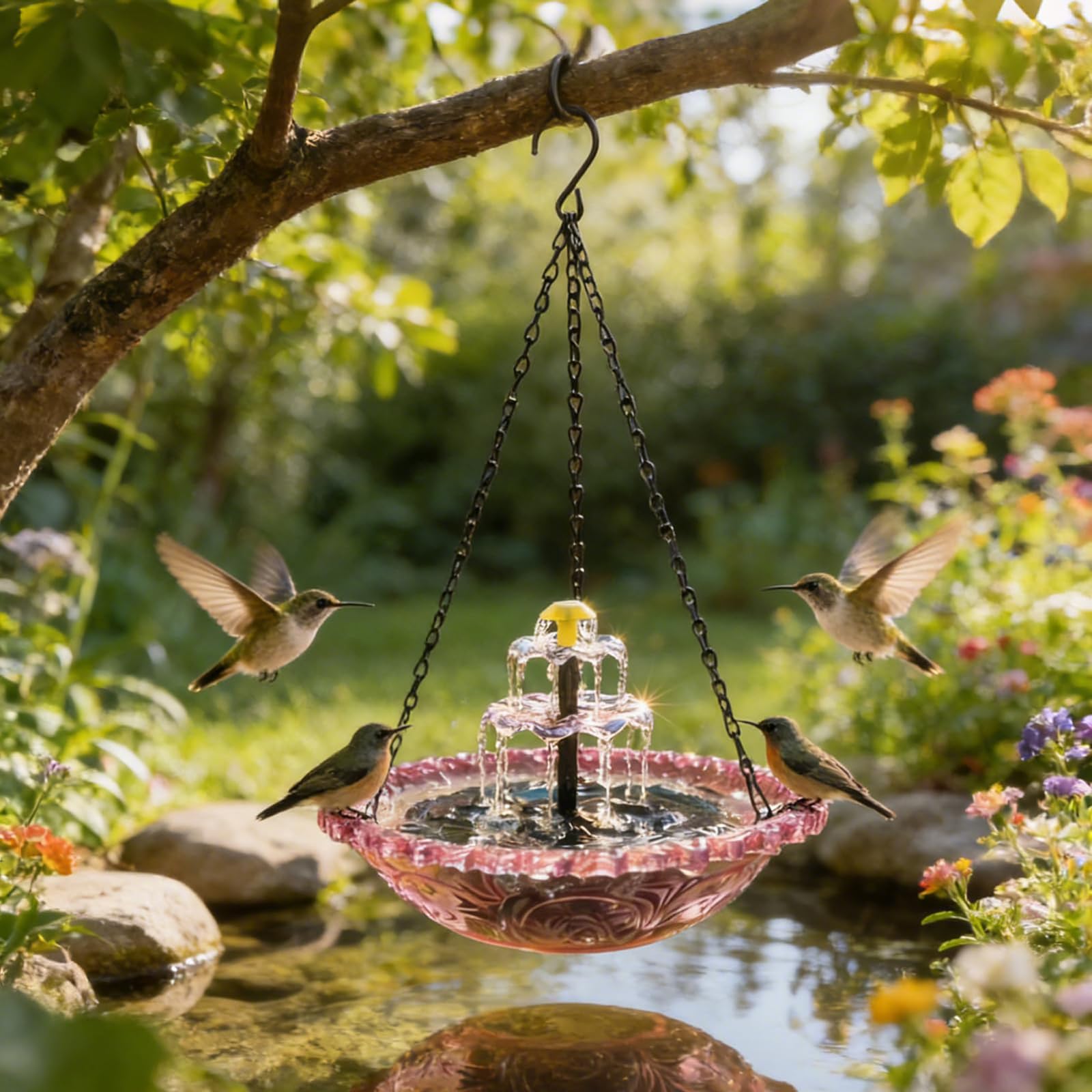 2026 New Solar Fountain for Bird Bath, Hanging Solar Bird Bath with Plastic Bowl, Cascading Birdbath Fountain, Decorative Water Feeder for Garden, Patio & Outdoor Yard Decor-Purple