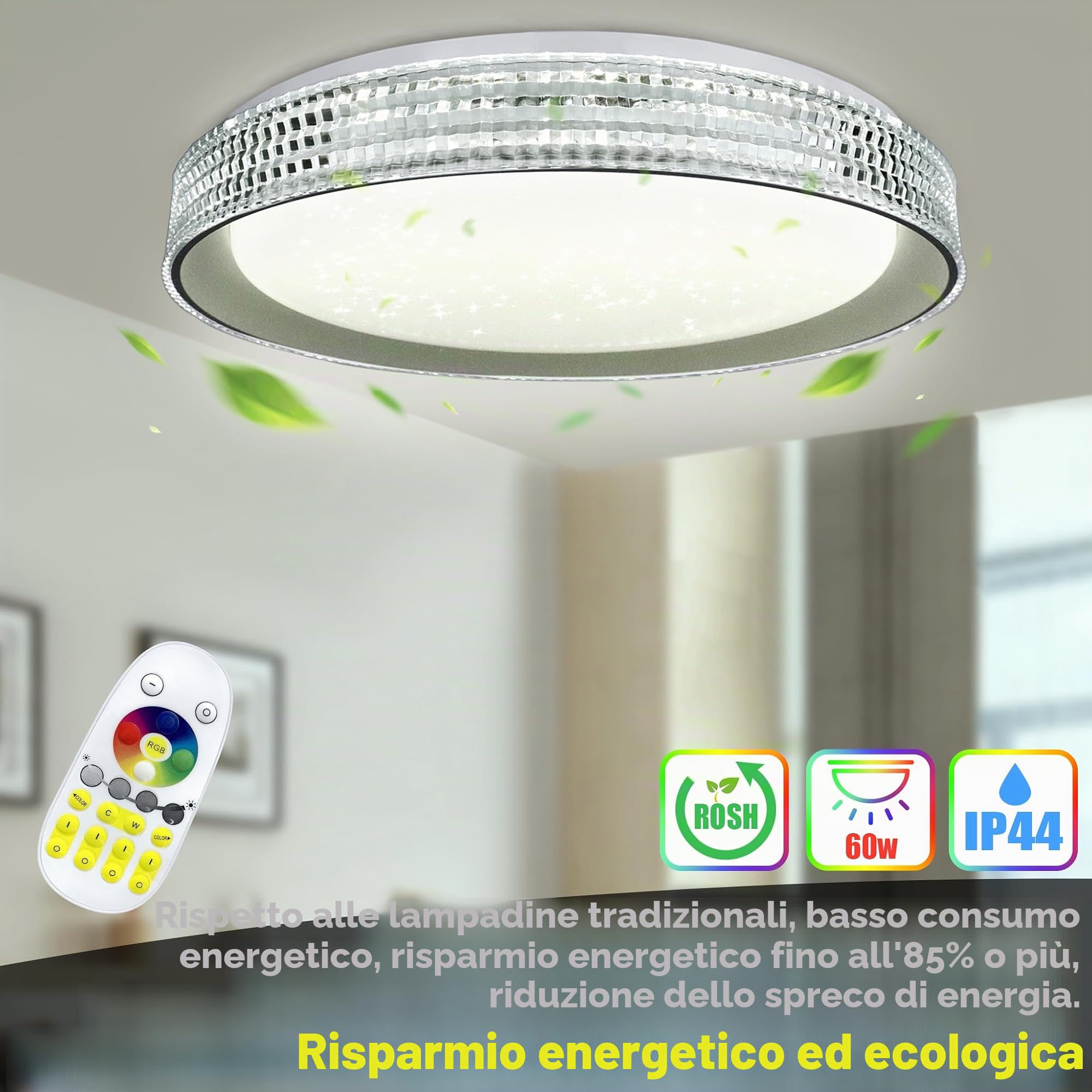 Froadp Lampada da soffitto da 60 W, dimmerabile, RGB LED, con telecomando, diametro 50 cm, rotonda, a risparmio energetico, IP44, impermeabile, per bagno, soggiorno, camera da letto (tipo B, anello di
