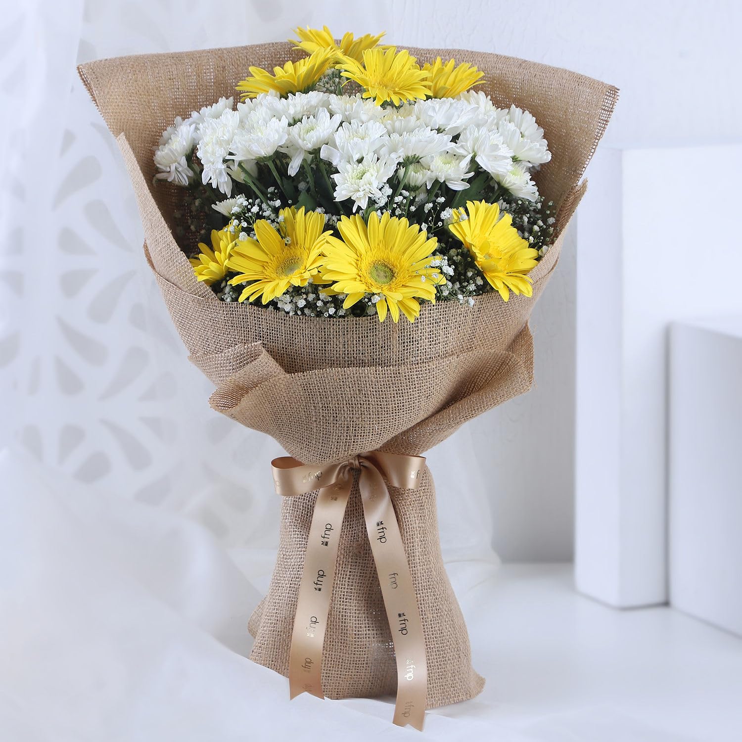 fnp Lovely Yellow & White Flowers Jute Bouquet For Birthday Gift, Anniversary Gift, Women's Day Gift, Valentine's Day Gift & Gift For Special Occasion (Same Day Delivery)-picture-10