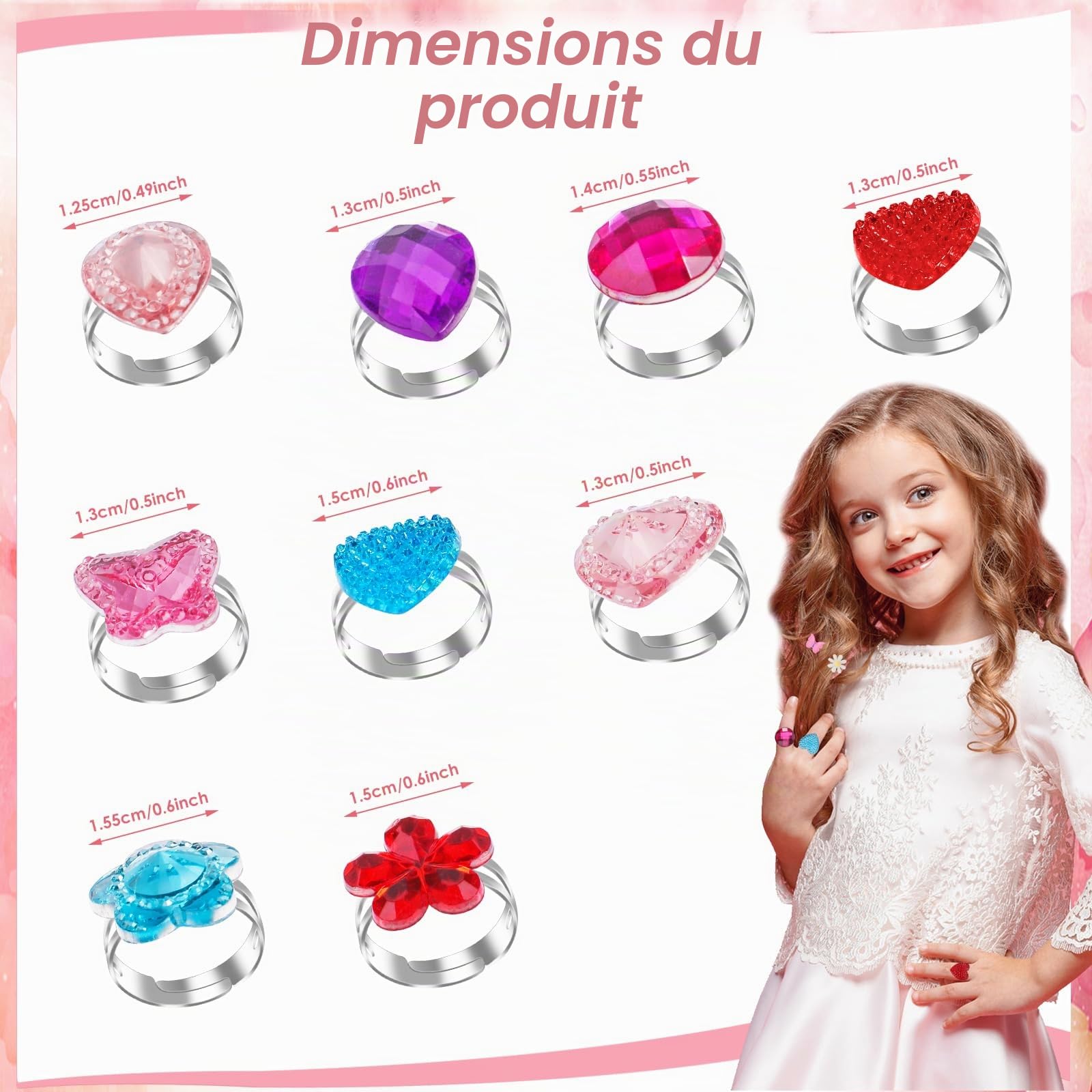 ASTER Lot de 9 bagues réglables pour fille avec cristaux métal fer pierre précieuse acrylique résine