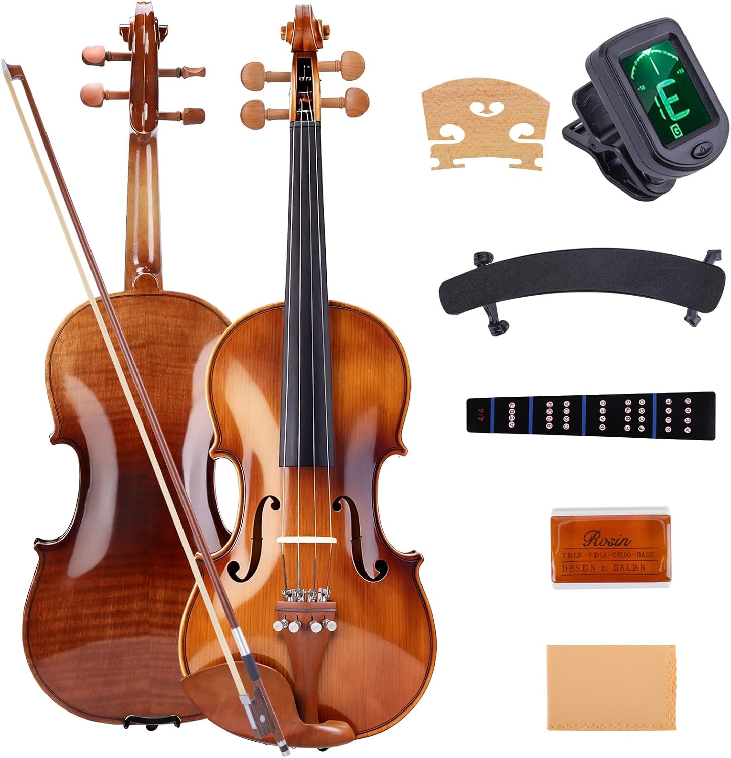 ALLSET 3/4 Full Size Acoustic Violin Kit for Beginners | Polywood Glossy Handmade Violin with Hard Case, Bow, Rosin, Shoulder Rest, Tuner & Extra Strings | Violin for adults | Tiger Stripe