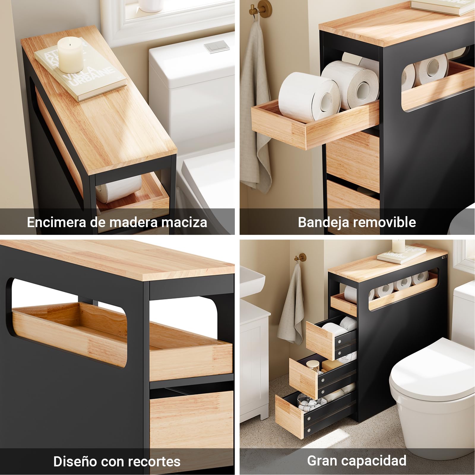 SoBuy Mueble Baño Estrecho con Ruedas y 3 Cajones, Negro 65x23x82cm | Cajonera Baño para Rincones y Huecos Pequeños para Familias y Hogares, Mueble Almacenaje BZR54-II-SCH