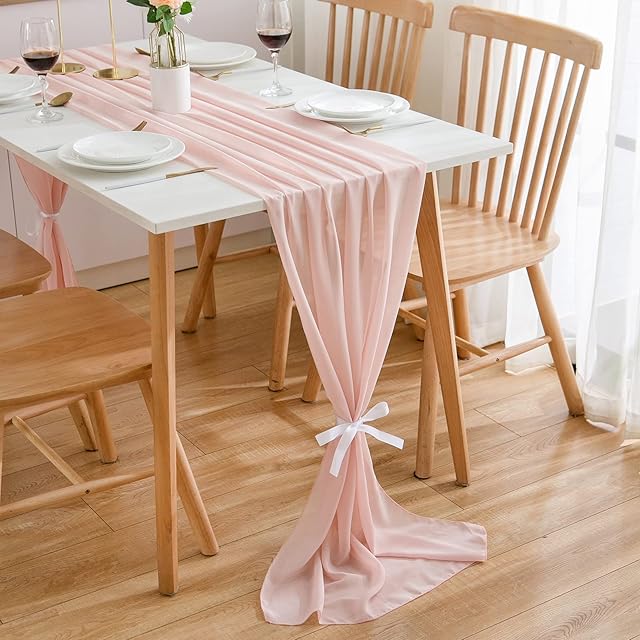 CHUQING Bieżnik na stół, różowy, 70 cm x 3 m, jasnoróżowy bieżnik na stół, szyfon, materiał na wesele, dekoracja stołu, urodziny, dla kobiet, na urodziny, różowy