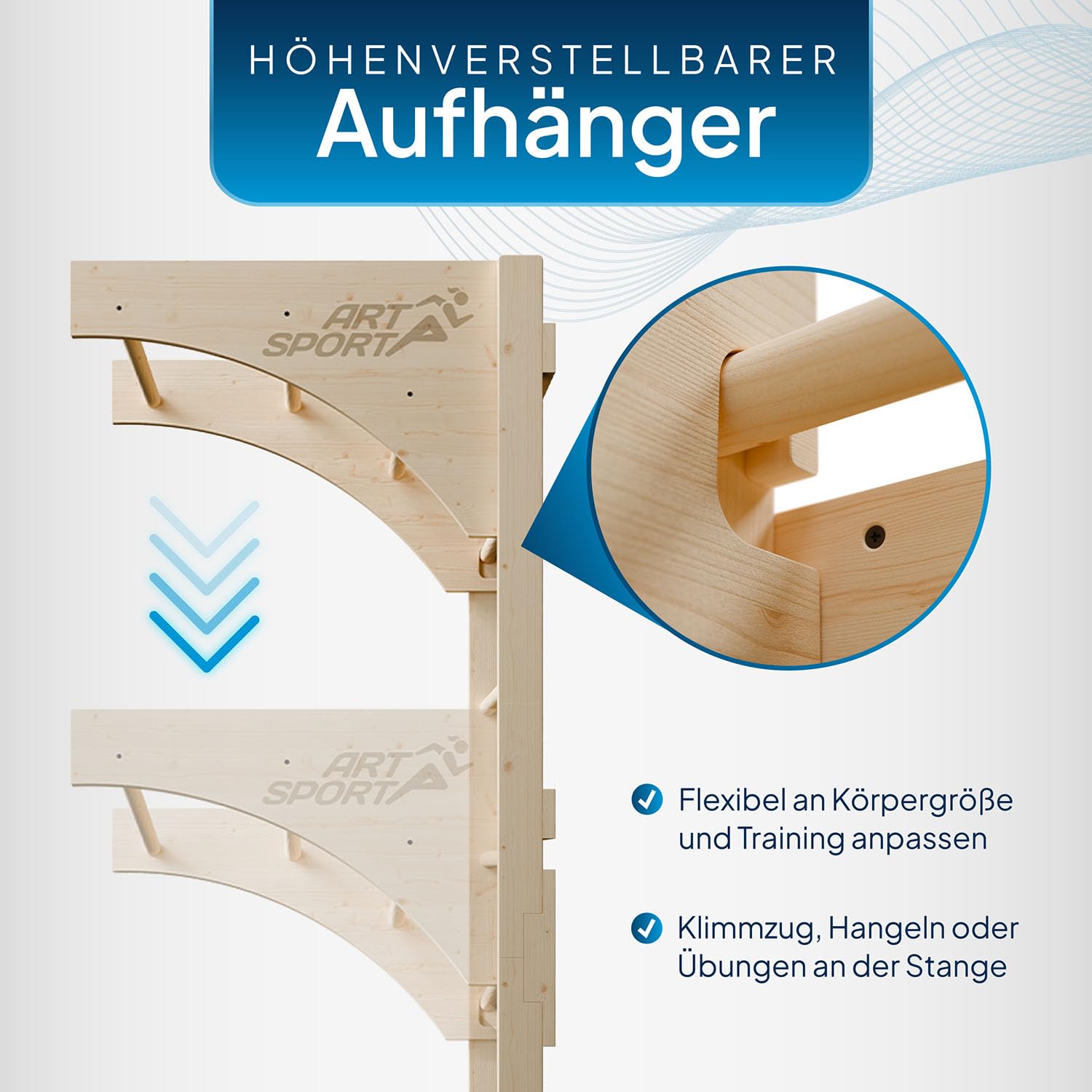 ArtSport Sprossenwand für Erwachsene – Indoor Klettergerüst aus Holz mit Klimmzugstange, stabile Kletterwand zur Wandbefestigung für Fitness & Training – Natur