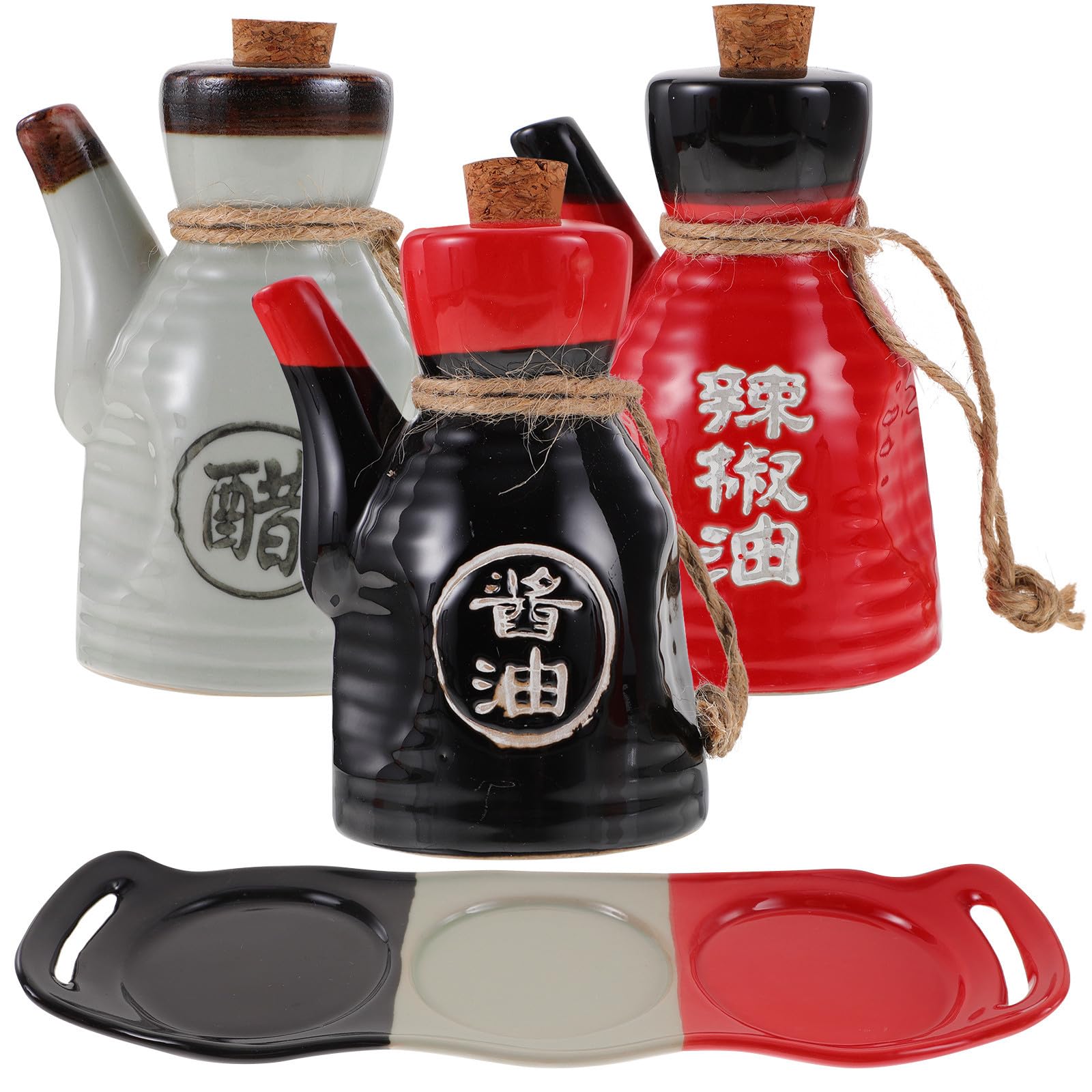 Levemolo Juego de Dispensador de Salsa Japonesa Capacidad 200ml con Tapa de Corcho y Bandeja de Cerámica Mantiene Frescura y Previene Contaminación para Cocina y Uso Diario
