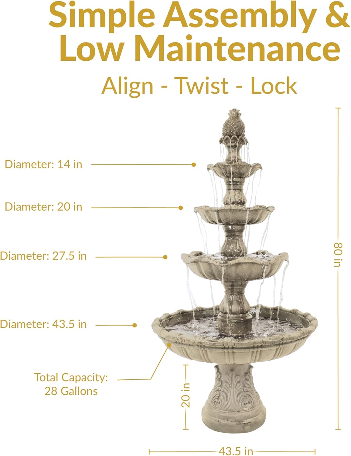 Sunnydaze Grand Courtyard 80-Inch 4-Tier Outdoor Water Fountain - Large Outdoor Water Feature for Garden, Patio or Yard - Earth