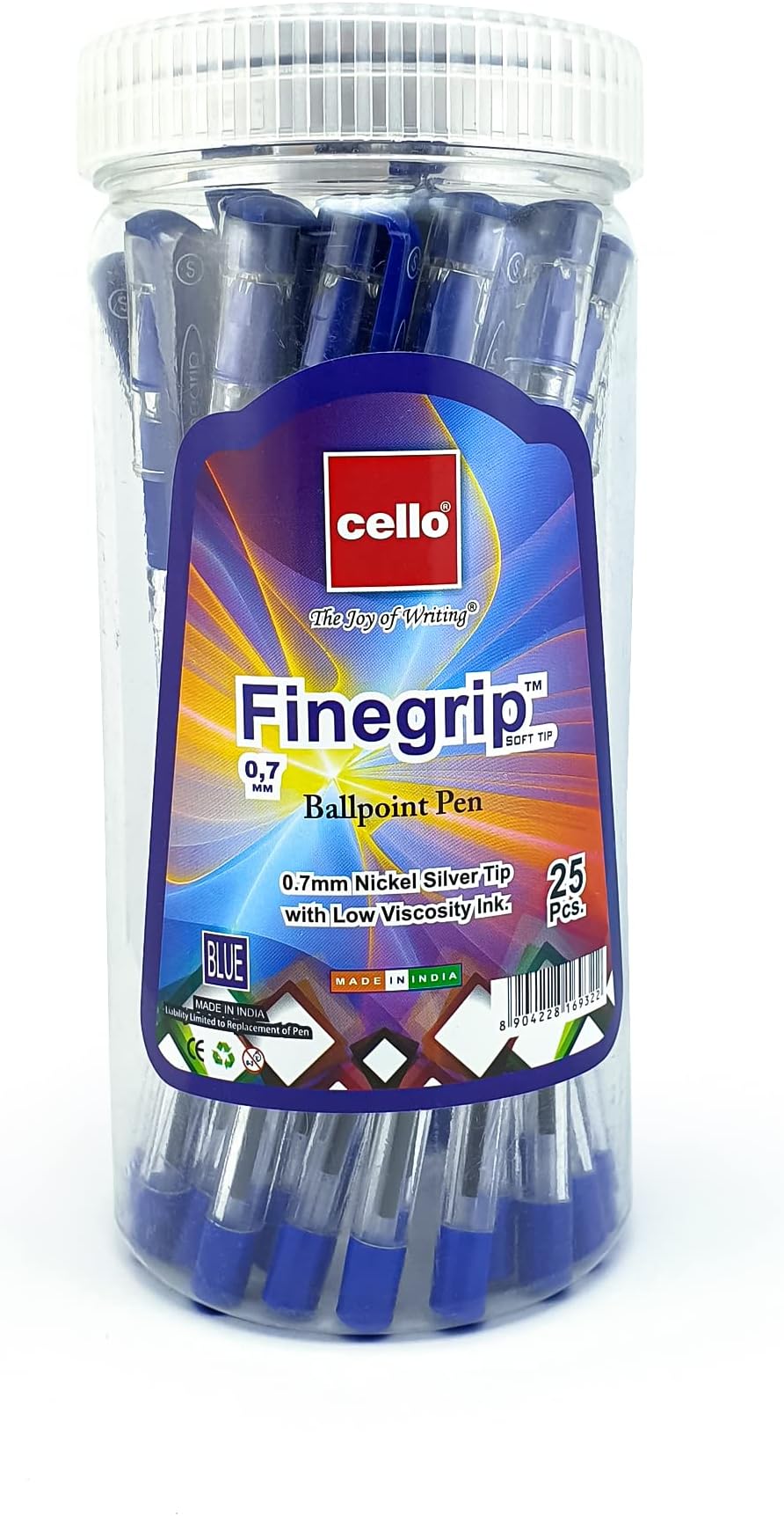 Finegrip Ball Pen 0.7mm Jar Of 25Pc Blue, Nickel Silver Tip With Low Viscosity Ink.