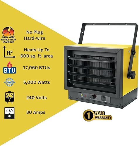 Miniatura 3 de Dura Heat - Calentador eléctrico de techo con cable duro, 5,000 vatios, 240 voltios, protección contra sobrecalentamiento, termostato ajustable y