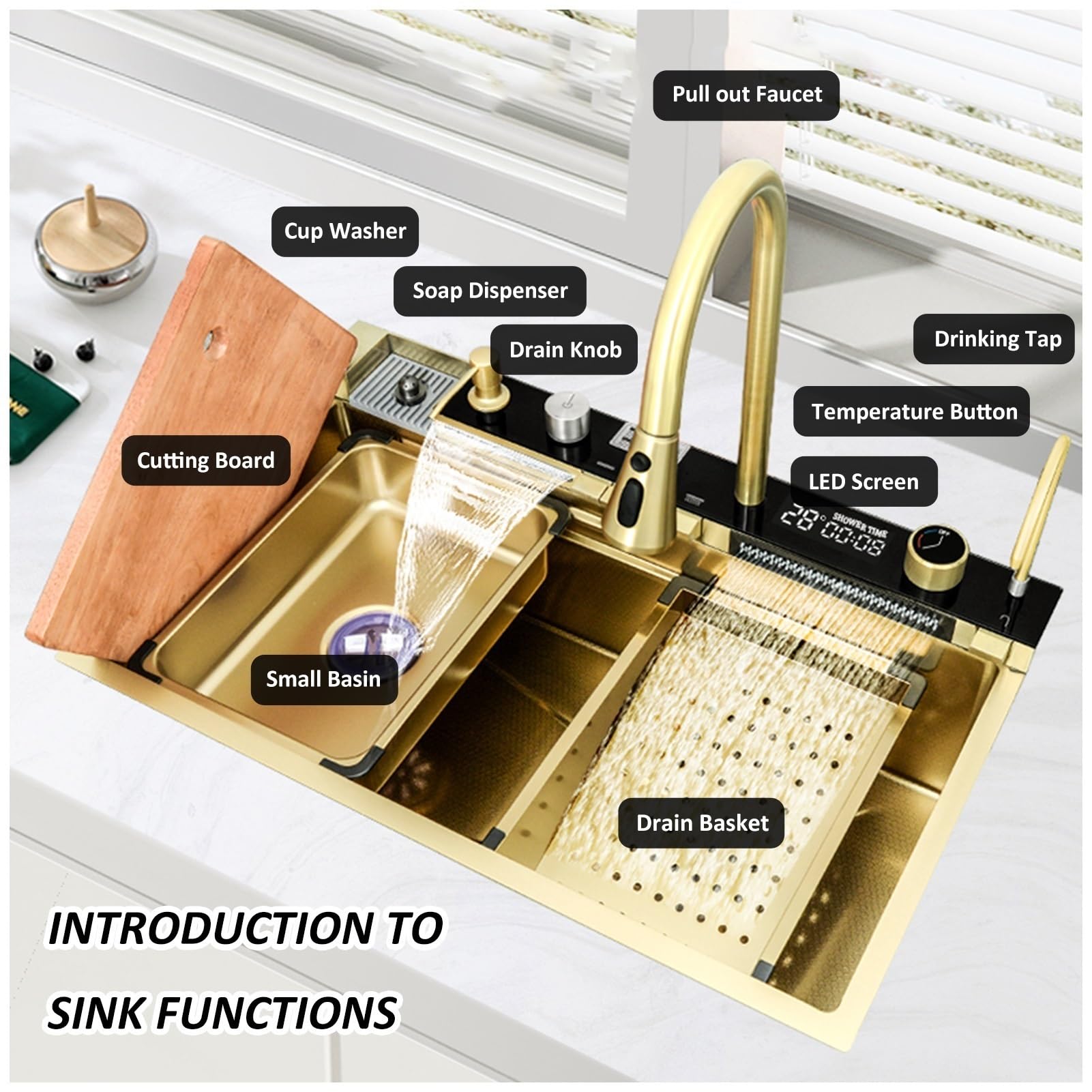 Fregadero de cocina grande con estación de trabajo, fregadero de bar inteligente Nano de acero inoxidable con cascada, grifo extraíble, lavavasos, kit de desagüe, fregadero de granja de un solo seno
