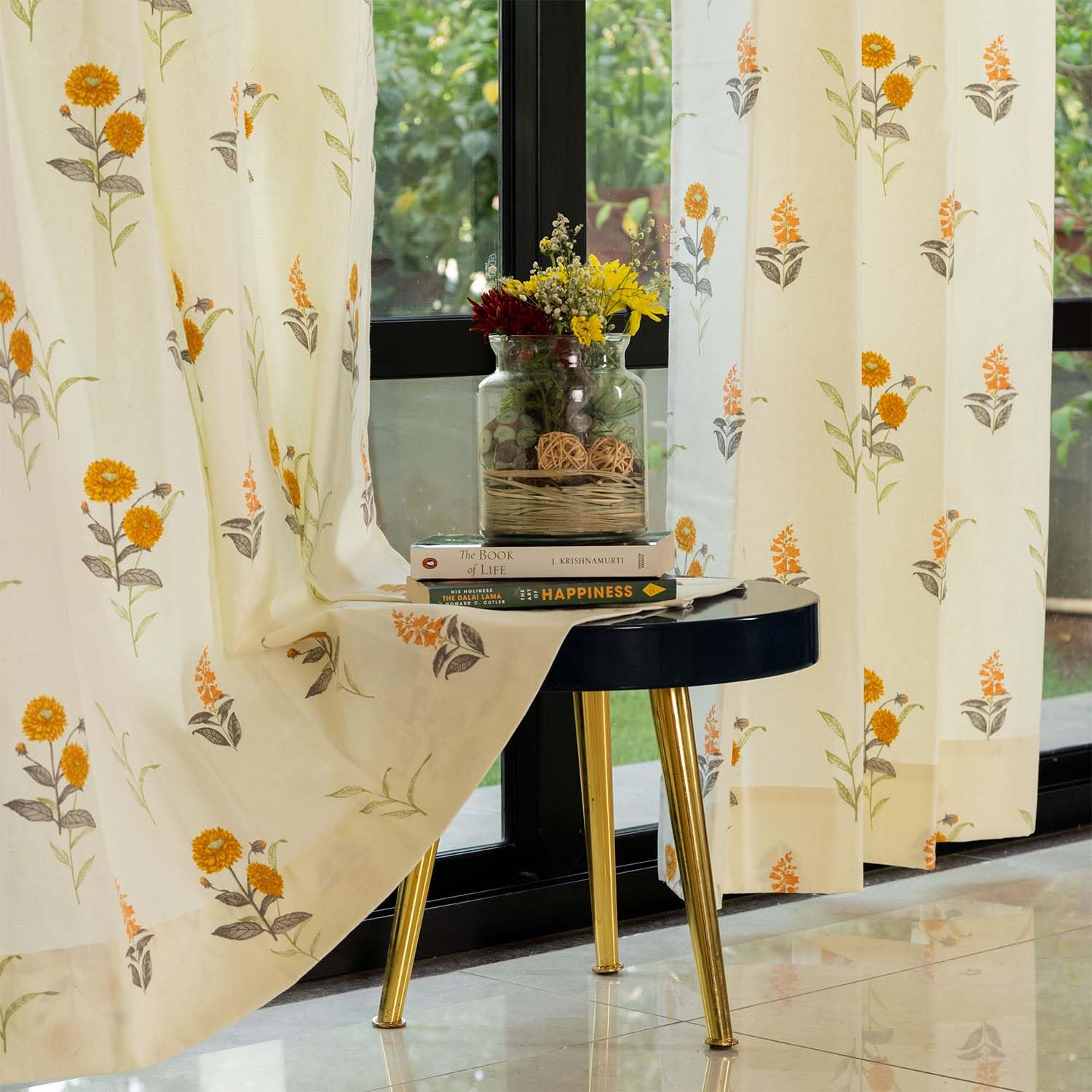Urban Space Cotton Curtains 5 Feet Long Set of 2,60-65% Room Darkening Curtains, Decorative Curtain with Eyelets/Rings for Hanging,Tieback Included(Cotton Coneflower-Yellow,5 Feet X 4 Feet)
