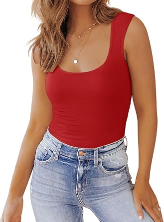 PINKMSTYLE Womens Basic Fitted Square Neck Tank Tops Double Lined Summer Tops Cute Sleeveless Shirts