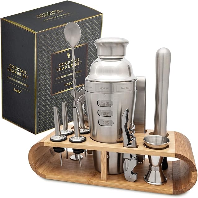 FABV Cocktail Making Set - 12 Pieces with Stand - 700ml Rotation Recipe Guide Cobbler Shaker with Cocktail Accessories Set - Full Stainless Steel Bartender Kit with Bamboo Stand