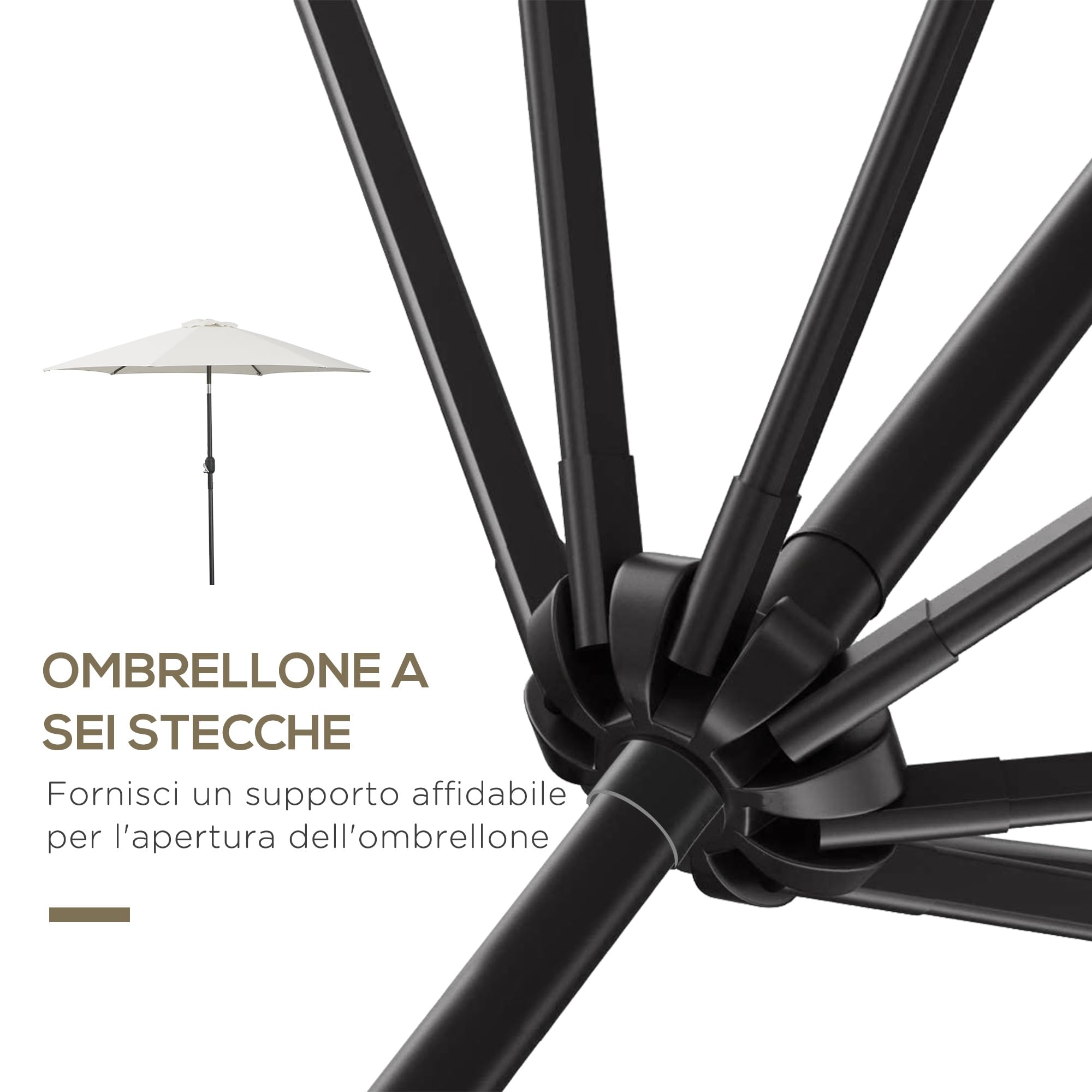 Outsunny Ombrellone da Giardino Ø2.6x2.35 m Inclinabile con Manovella, Ombrellone da Esterno a 6 Stecche in Alluminio, Metallo e Poliestere 180g/㎡, Crema