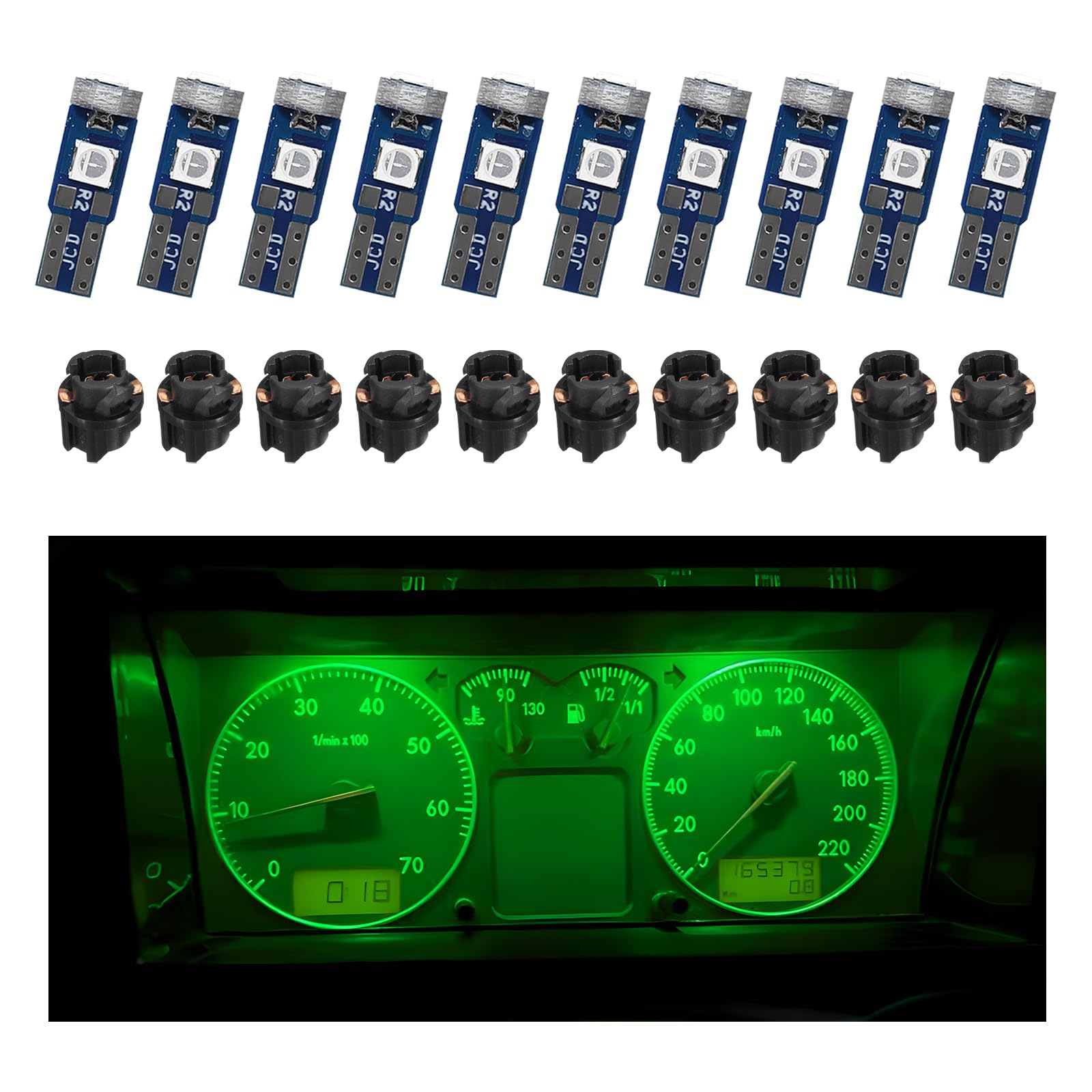 10PCS T5 LED Lights for Car Dashboard, Super Bright 3030-3SMD Auto Bulb with Twist Lock Socket, Interior Instrument Panel Gauge Indicator Replacement, Car Accessories (Green)