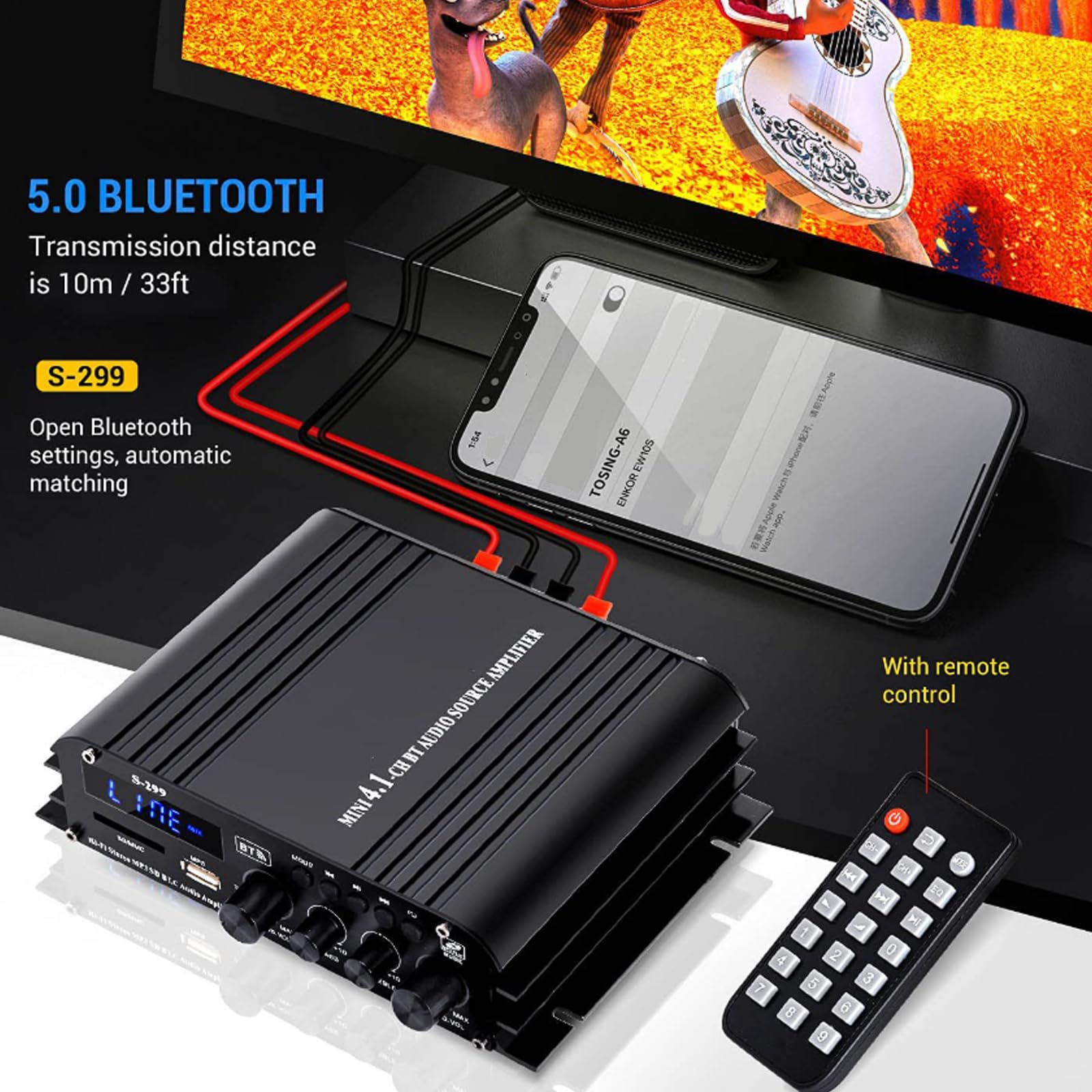 Amplificatore a 4 canali, amplificatore di potenza audio 1600 W, Bluetooth 5.0, 40 Wx4 con USB/Microfono/FM con telecomando, amplificatore Hi-Fi integrato per la casa o la tua auto
