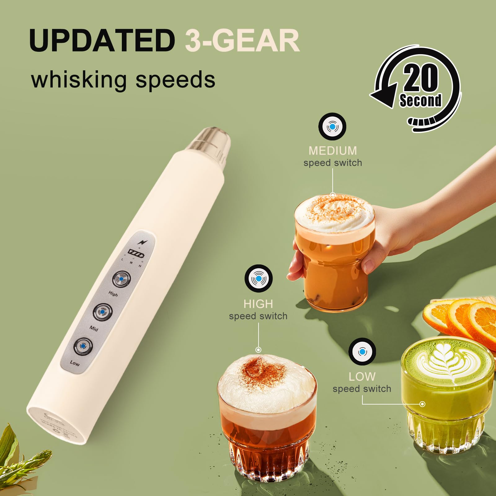 YUSWKO Mousseur à lait portatif beige pour café, fouet électrique rechargeable avec 3 têtes et 3 vitesses, mousseur à café pour latte, cappuccino, chocolat chaud, œuf