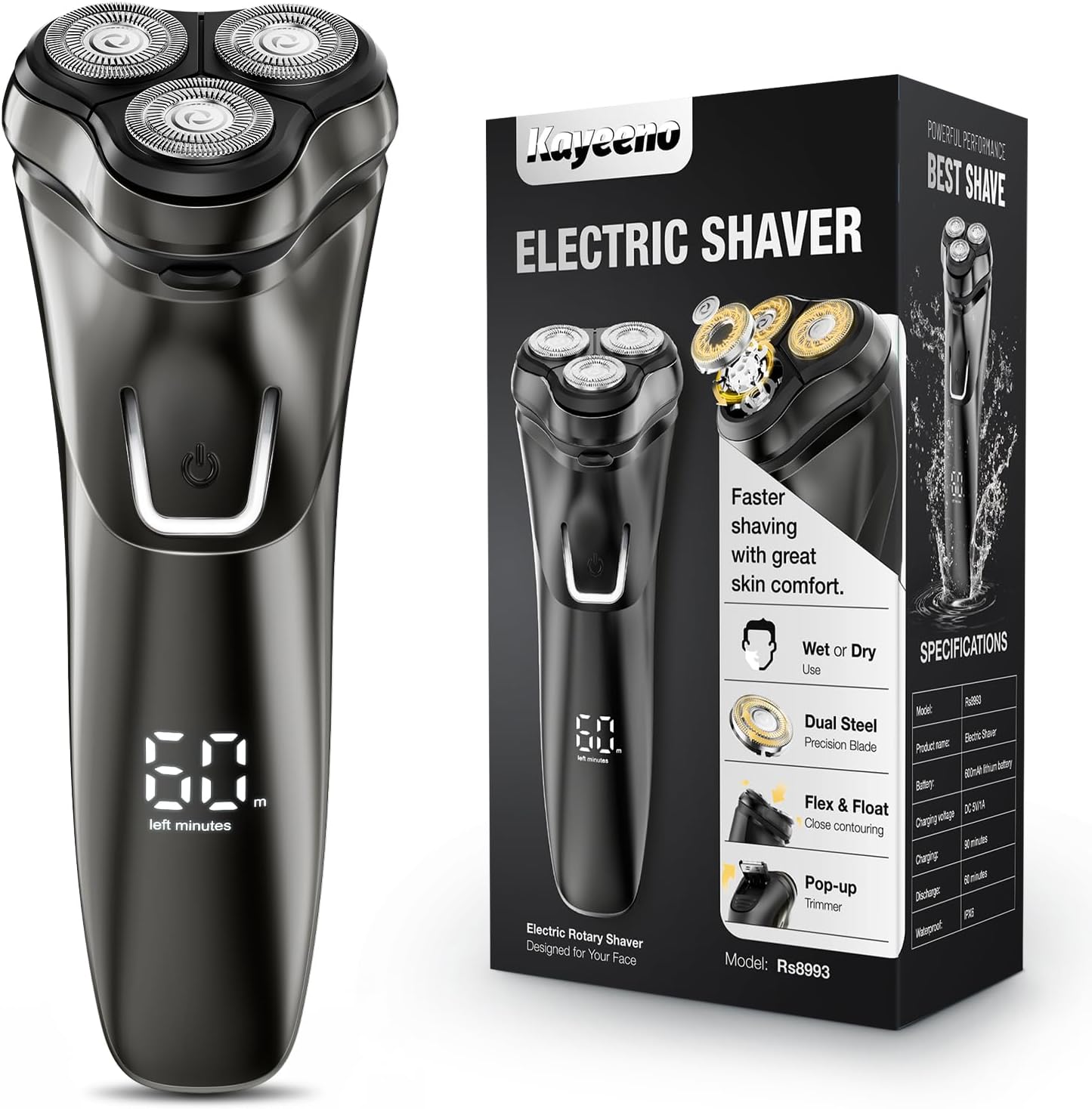 Electric Razor for Men, Kayeeno Electric Shaver for Men, Rechargeable Wet Dry Shaver with Pop up Trimmer and Travel Lock, Waterproof Cordless Razor