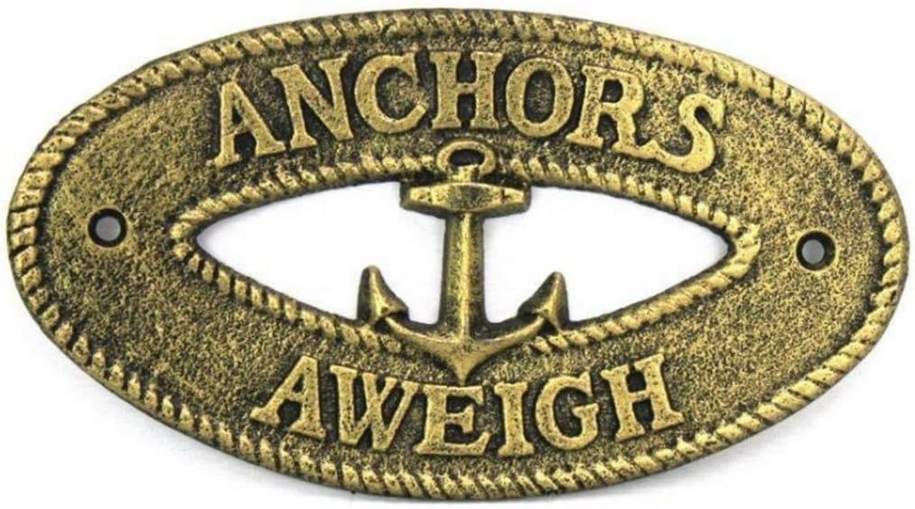 Hampton Nautical Antique Gold Aweigh with Anchor Sign 8"-Decorative Metal Wall Art-Cast Iron Nautical