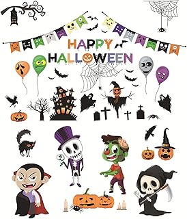 BOUTIKS® Autocollants Décoration Fenêtre Halloween, 54pcs PVC Double Face Stickers Fenêtre Autocollants Réutilisables pour Vitrine Décorations Halloween (9 Feuilles, 21x29cm)