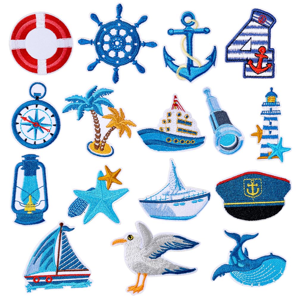 PH PandaHall 16Pcs 16 Styles Ocean Iron on Patches Blue Sailing Maritime Embroidered Patches Sew On Applique for Hats Backpack Clothes Jeans Jackets Cap Clothes DIY Crafts