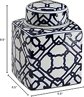 Vista 8 de Creative Co-Op Blue & White Ceramic Ginger Jar with Lid Patrón geométrico