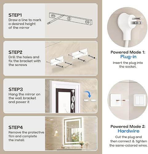 Miniatura 7 de USHOWER Espejo de baño con luz LED de 28 x 36 pulgadas, retroiluminado, antiniebla, brillo y color ajustables, espejo de tocador de vidrio templado
