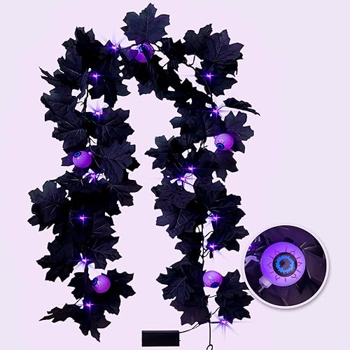 Miniatura 7 de 2 guirnaldas de hojas negras de 5.7 pies de Halloween de hojas de arce negras negras para decoración del hogar, guirnalda de otoño al aire libre,
