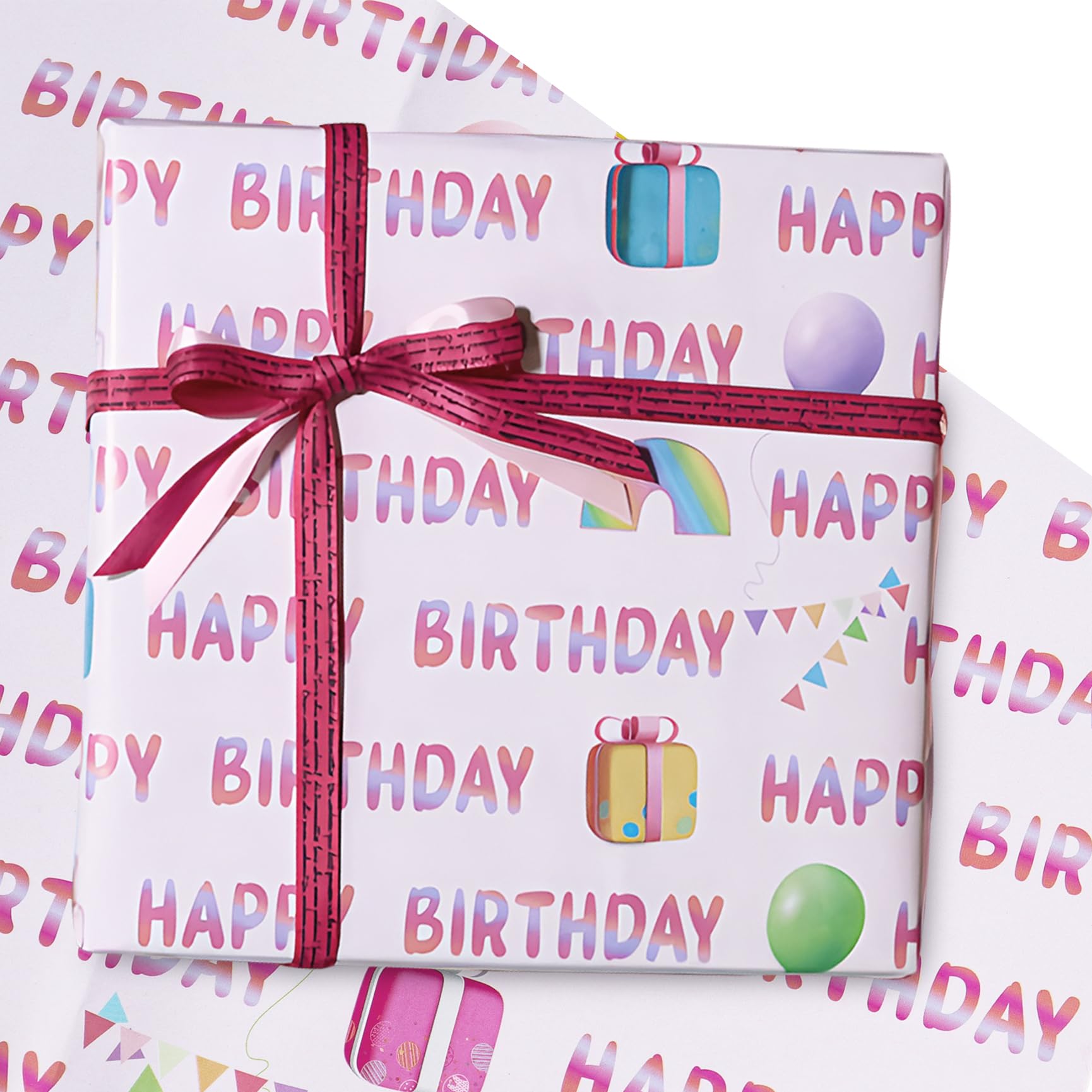 Pink Birthday Wrapping Paper Sheet, 6 Sheets Birthday Wrapping Paper for Girls Women Female Premium Eco Pink Gift Wrap for Birthdays Party Supplies