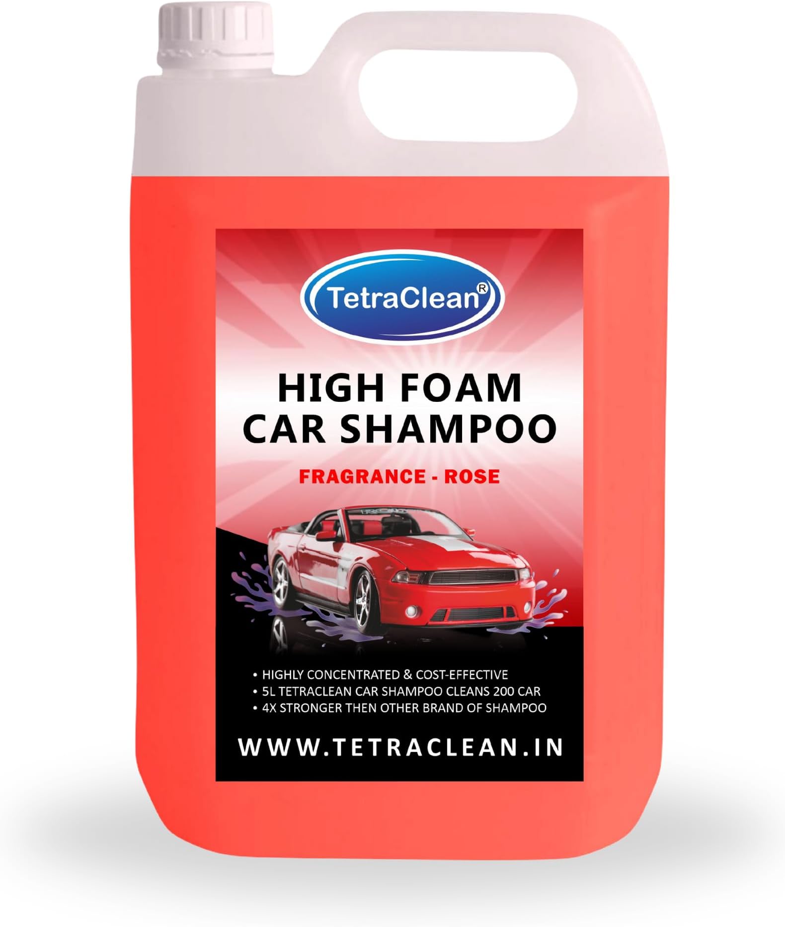 Tetraclean Premium Car Shampoo | PH Neutral Formula | Thick Highly Concentrated Liquid Cleans Dirt, Grime | for Bucket, Foam & Snow Foam Wash | Home & Commercial Use | Rose Scented / 5 L