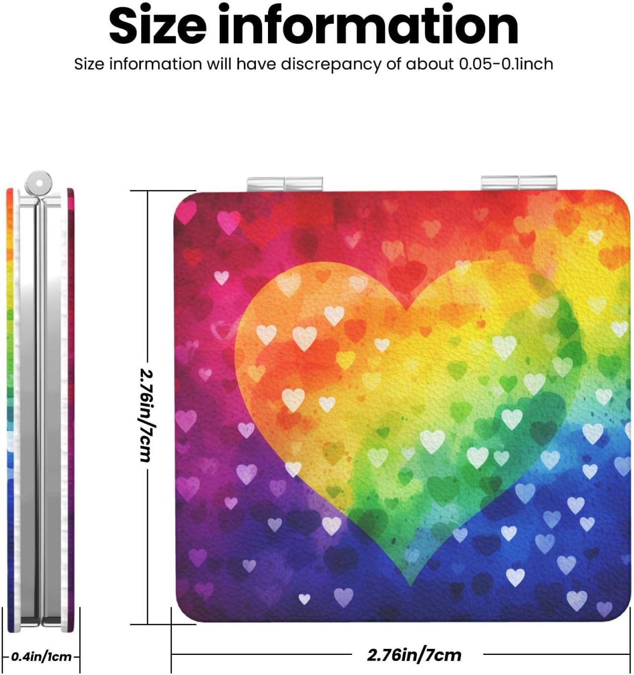 Colorful Rainbow Love Heart Compact Mirror for Purse, Pu Leather Travel Makeup Mirror with 2X/1X Magnification, Foldable Cosmetic Mirrors, Portable Small Handheld Beauty Mirror for Woman Girls image 3