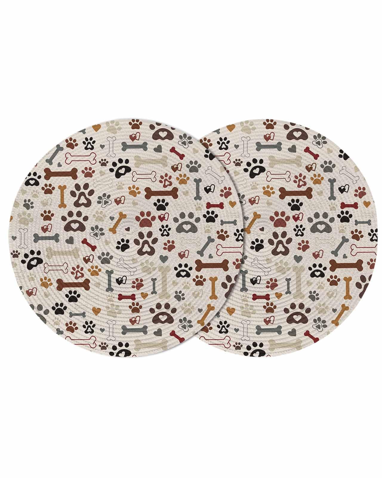 Round Braided Placemats Set of 2, Dog Paw Dog Bone Love Heart Brown 15 Inch Washable Non-Slip Mat for Dining Table Heat-Proof Indoor Outdoor Place