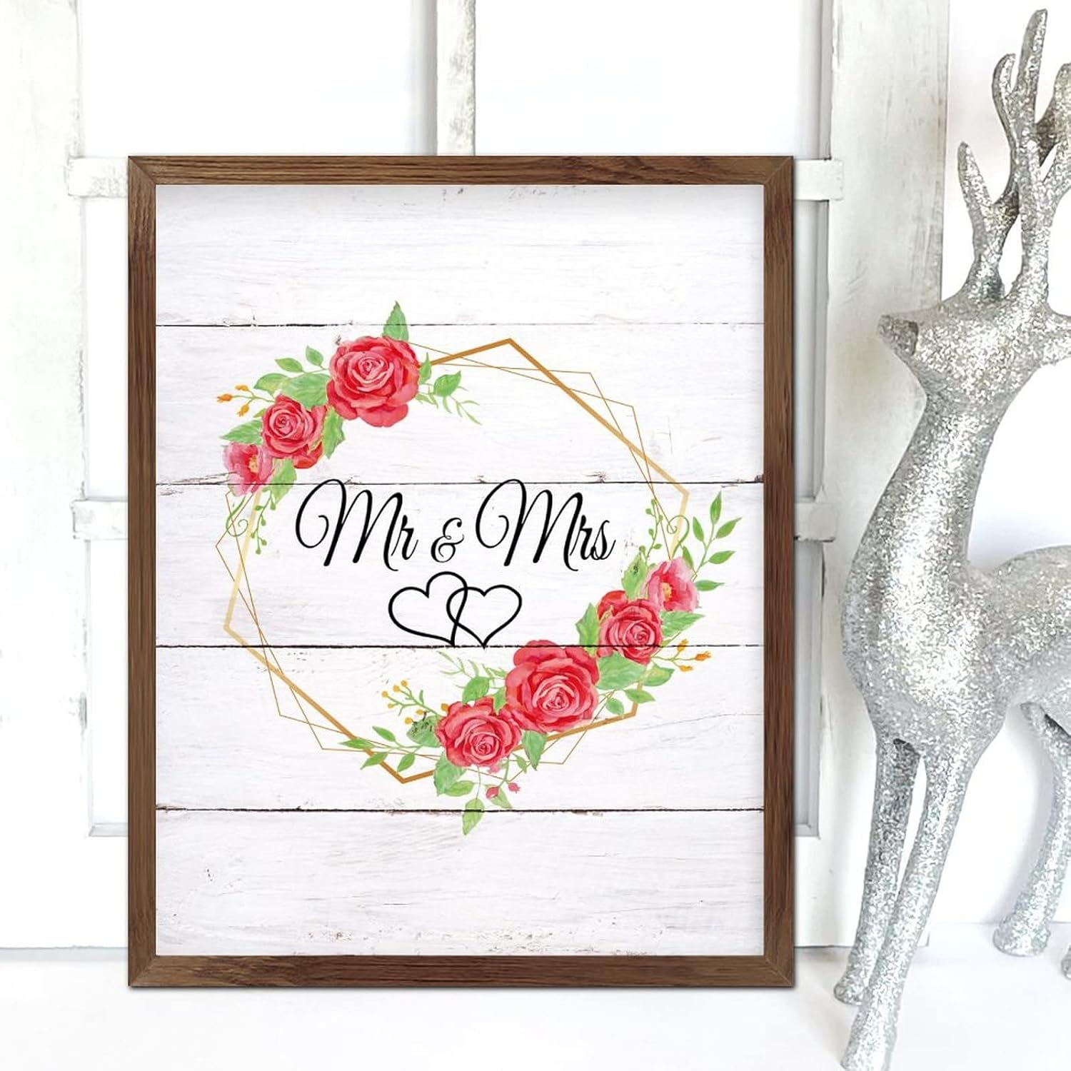 Mr & Mrs Framed Wooden Sign Spring Wild Flower Wreath Wood Sign Plaque Retro Blossom Floral Wall Decor Hanging Plaque Sign for Home Bathroom Indoor Kitchen Garden 20x16inch