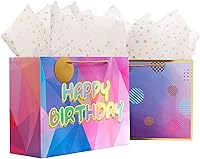 Vista 1 de Cmecial Bolsa de regalo de cumpleaños extragrande, 16 pulgadas, lámina dorada/láser, bolsa de regalo con papel de seda para mujeres, niñas, niños