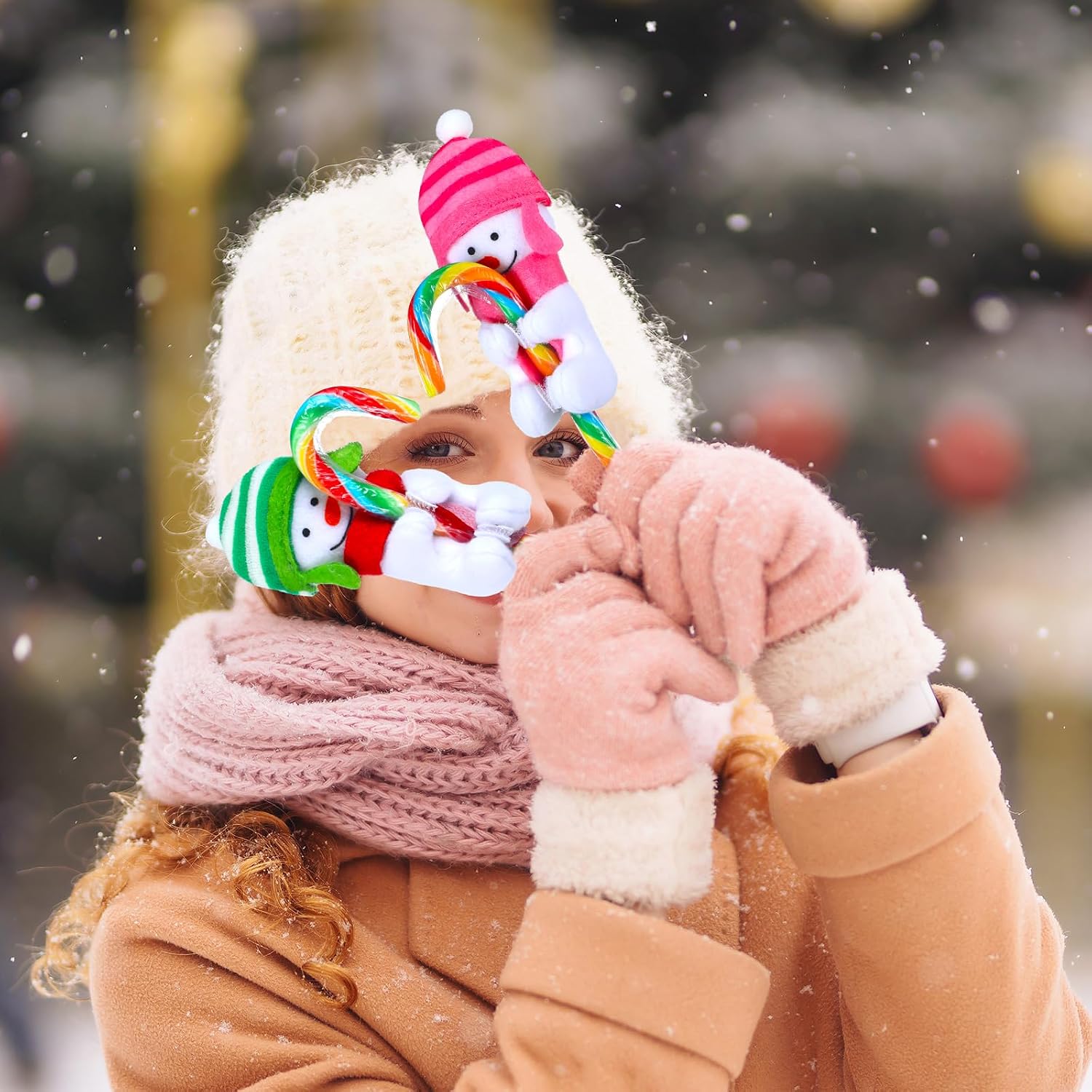 Poen 12 Pcs Felt Snowman Candy Cane Covers Christmas Huggers with Hat & Scarf Cute Snowman Candy Cane Holders for Christmas Party Favors Stocking Stuffers Gifts, Candy Not Included