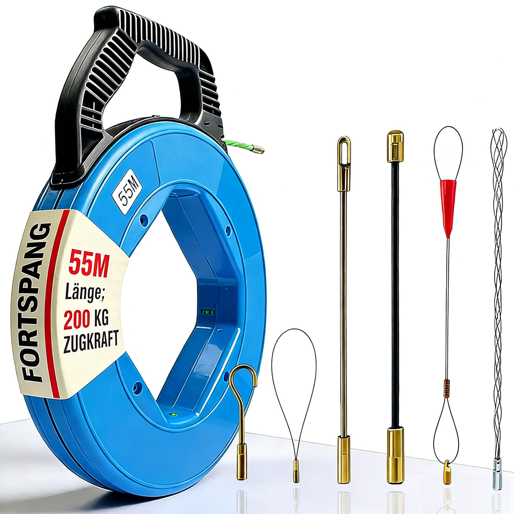 Professionelle Kabeleinzugshilfe 55m – Robuste Polyester-Einziehspirale (200 kg Zugkraft) mit 6 Adaptern, Anti-Verhedderung & Arretierung – Für Elektro- & Glasfaserinstallationen