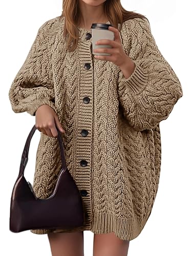 Womens Cable Knit Cardigans Oversized Chunky Button Down Long Lantern