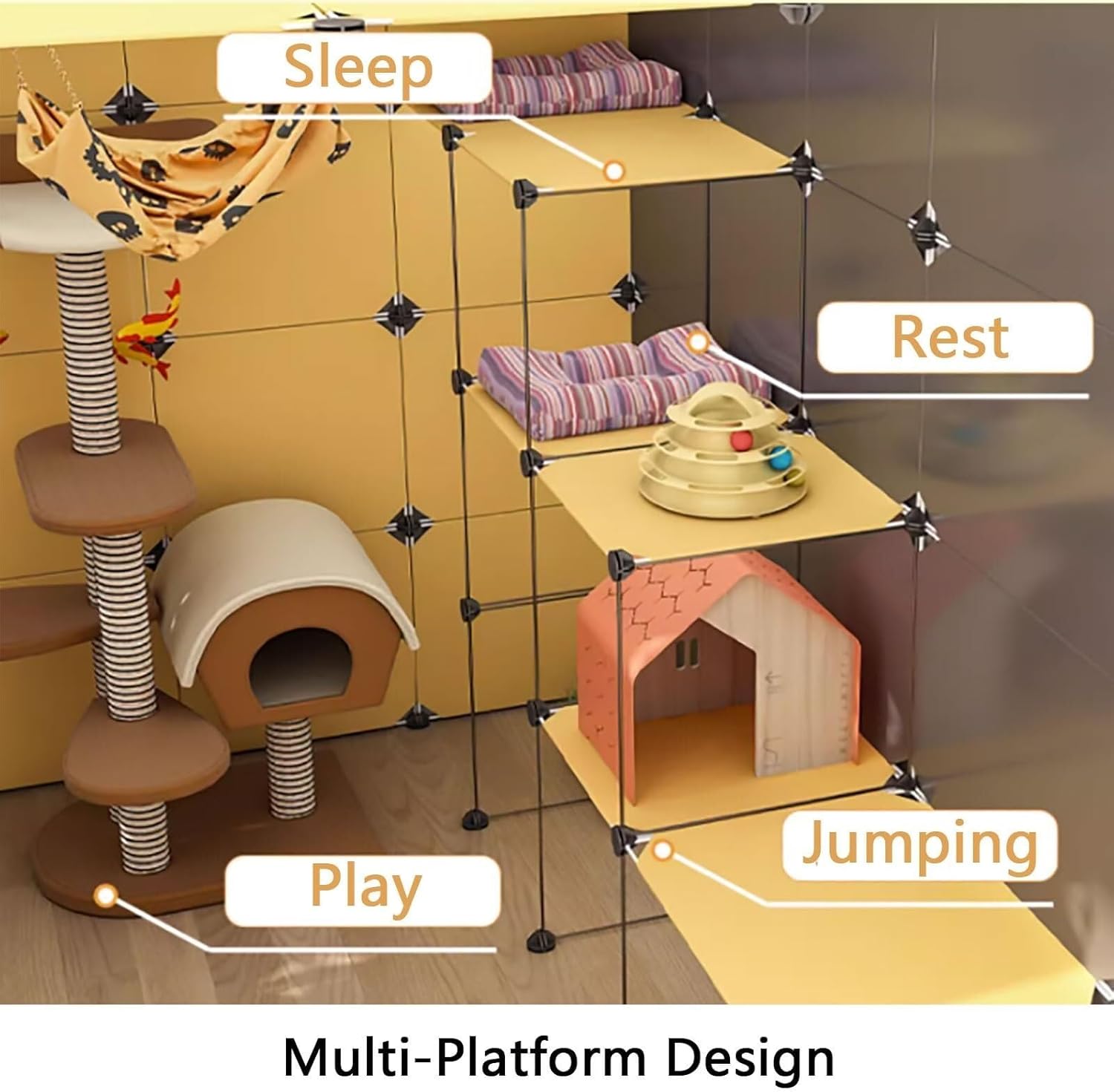 Large Indoor Cat Cage with Removable Litter Box, DIY Metal Wire Cat Playpen & Kennel, Spacious Exercise Pen for Cats(111x49x111cm)