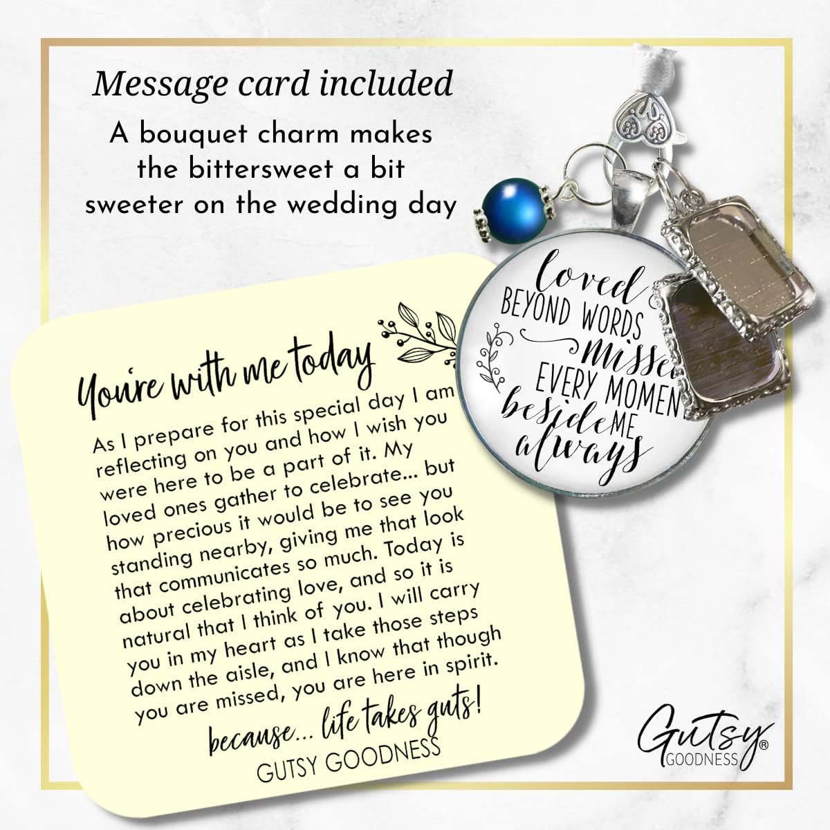 Gutsy Goodness Wedding Memory Charm Loved Beyond Words, Missed Every Moment Memorial Bouquet Jewelry Photo Frames Bronze Silver Cream White Pendant Bridal Flower DIY Picture Template - Image 2
