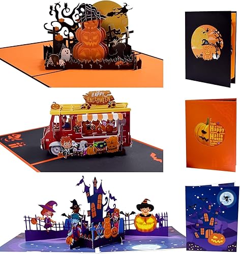 Magic Ants Paquete de 3 tarjetas de Halloween  Tarjetas emergentes 3D  Tarjetas espeluznantes de Halloween de calabaza, tarjetas de felicitación