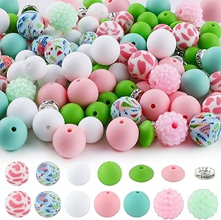 Sunrony 118Pcs Mixed Pink White Green Acrylic Rhinestone Spacer Print Silicone Beads for Keychain Making and Necklace Bracelet, Bulk 12mm 15mm Silicone Beads for Pens Crafts