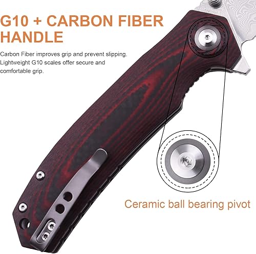 Miniatura 6 de SHIELDON Charkos - Cuchillo plegable VG10 Core 67 capas de acero de Damasco de 4 pulgadas, hoja de punto de caída, Scarlet G10, mango de fibra de