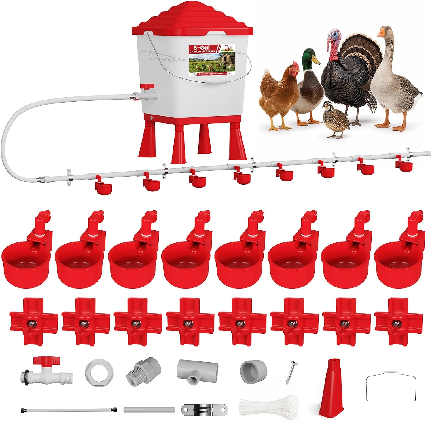 Complete Set Pipeline Chicken Watering System, 5 Gallon Poultry Waterer with 8 Drinking Cups, 8 Nipples, 47" Hoses, 110" PVC Pipes for Chicken Coop, Chicken Water Dispenser (56 Accessories)