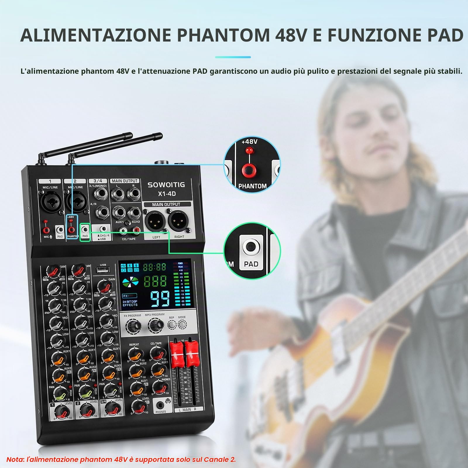 Mixer audio a 4 canali con doppi microfoni wireless, scheda di mixaggio audio professionale Console DJ con 99DSP MP3 Bluetooth 48 V Phantom Power PAD Interfaccia USB per registrazione Karaoke Home