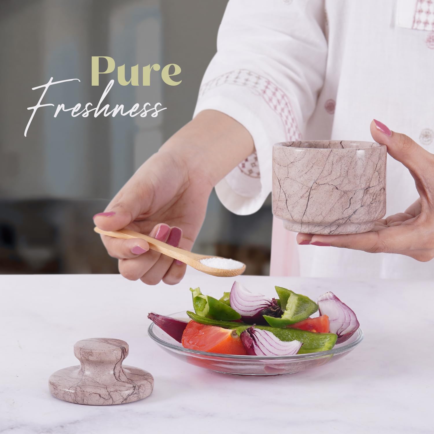 MARBLOUS KRAFTS stylish marble sugar dispenser 3" X 3" salt cellar, single salt container with lid (Marinara), MK-SCS-01 - Image 2